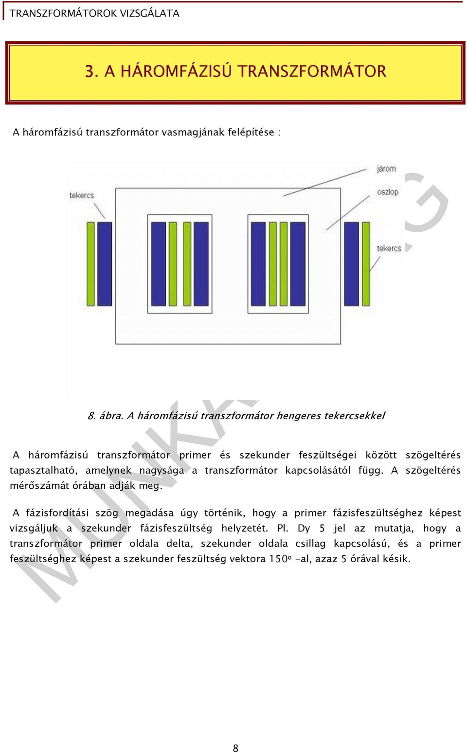 transzformátor kapcsolásától függ. A szögeltérés mérıszámát órában adják meg.