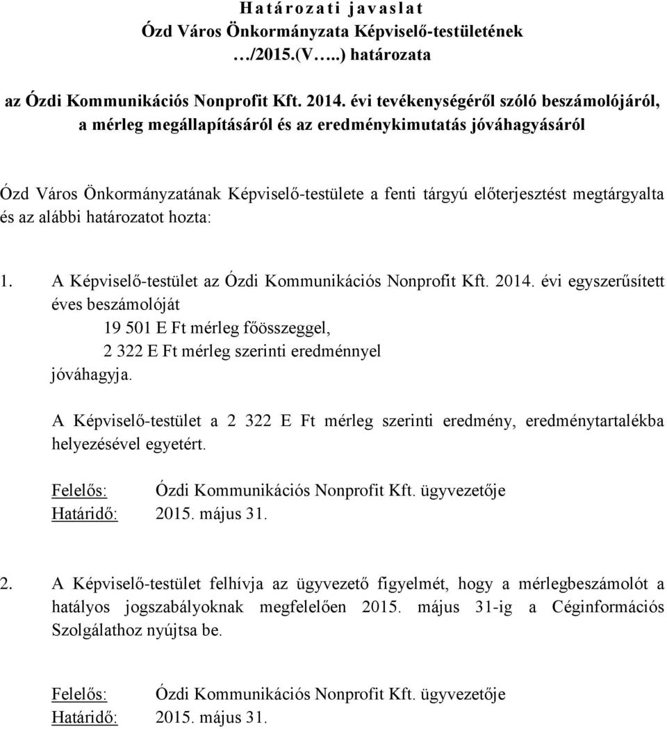 az alábbi határozatot hozta: 1. A Képviselő-testület az Ózdi Kommunikációs Nonprofit Kft. 2014.