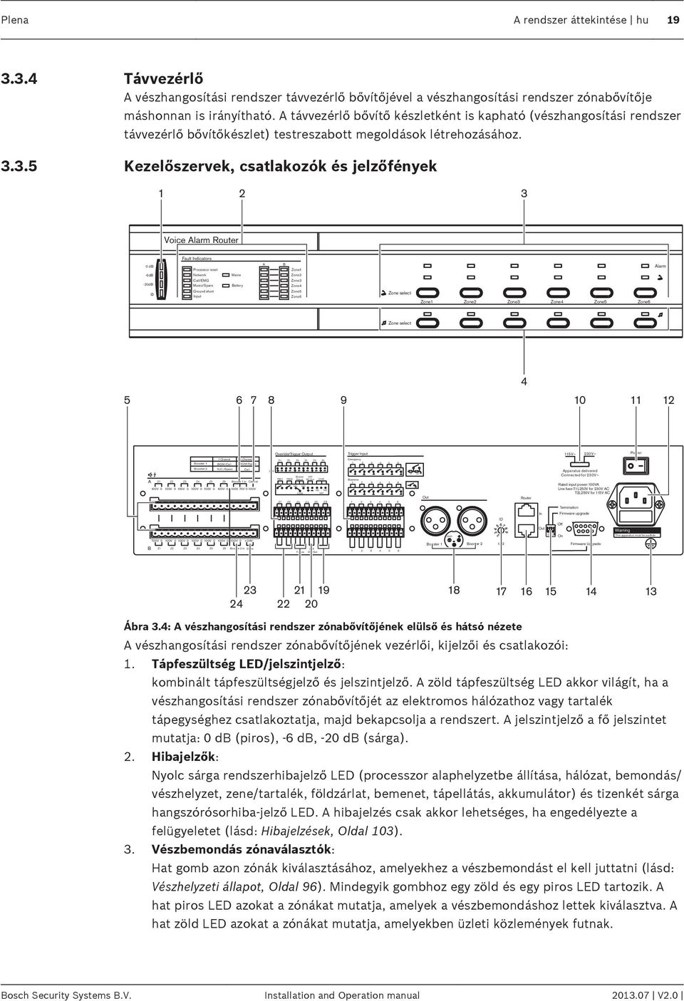Kezelőszervek, csatlakozók és jelzőfények 1 2 3 Plena Voice Alarm Router Fault Indicators 0 db Processor reset A B Zone1 Alarm -6dB Network Mains Zone2-20dB Call/EMG Music/Spare Battery Zone3 Zone4