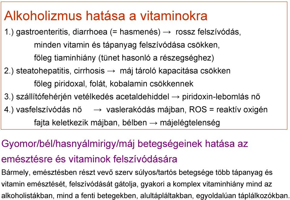 ) vasfelszívódás nő vaslerakódás májban, ROS = reaktív oxigén fajta keletkezik májban, bélben májelégtelenség Gyomor/bél/hasnyálmirigy/máj betegségeinek hatása az emésztésre és vitaminok