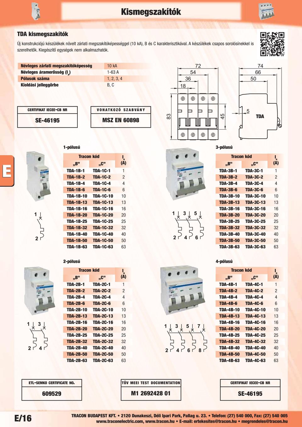 Névleges zárlati megszakítóképesség 10 ka Névleges áramerősség ( 1-63 A Pólusok száma 1, 2, 3, 4 B, C 72 54 36 18 74 66 50 CERTIFIKAT IECEE-CB NR SE-46195 MSZ EN 60898 83 45 5 TDA 1-pólusú 3-pólusú