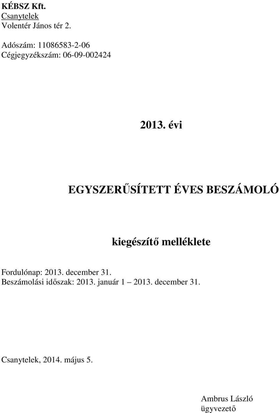 évi EGYSZERŰSÍTETT ÉVES BESZÁMOLÓ kiegészítő melléklete Fordulónap: 2013.