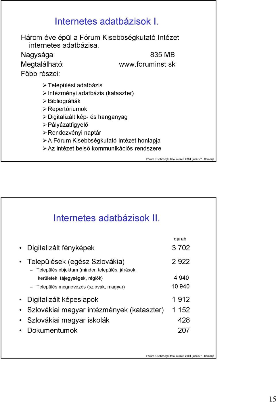 Kisebbségkutató Intézet honlapja Az intézet belső kommunikációs rendszere Internetes adatbázisok II.