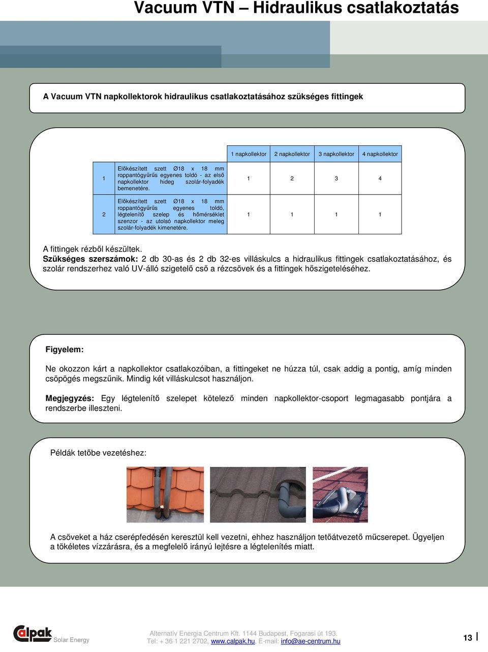 Elıkészített szett Ø18 x 18 mm roppantógyőrős egyenes toldó, légtelenítı szelep és hımérséklet szenzor - az utolsó napkollektor meleg szolár-folyadék kimenetére.