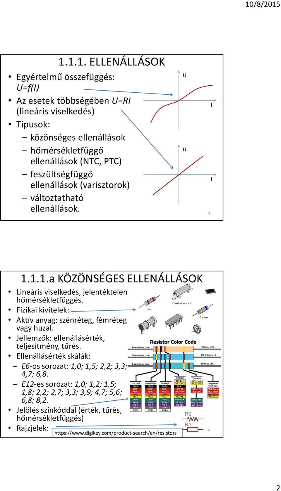 Fizikai kivitelek: Aktív anyag: szénréteg, fémréteg vagy huzal. Jellemzõk: ellenállásérték, teljesítmény, tûrés.