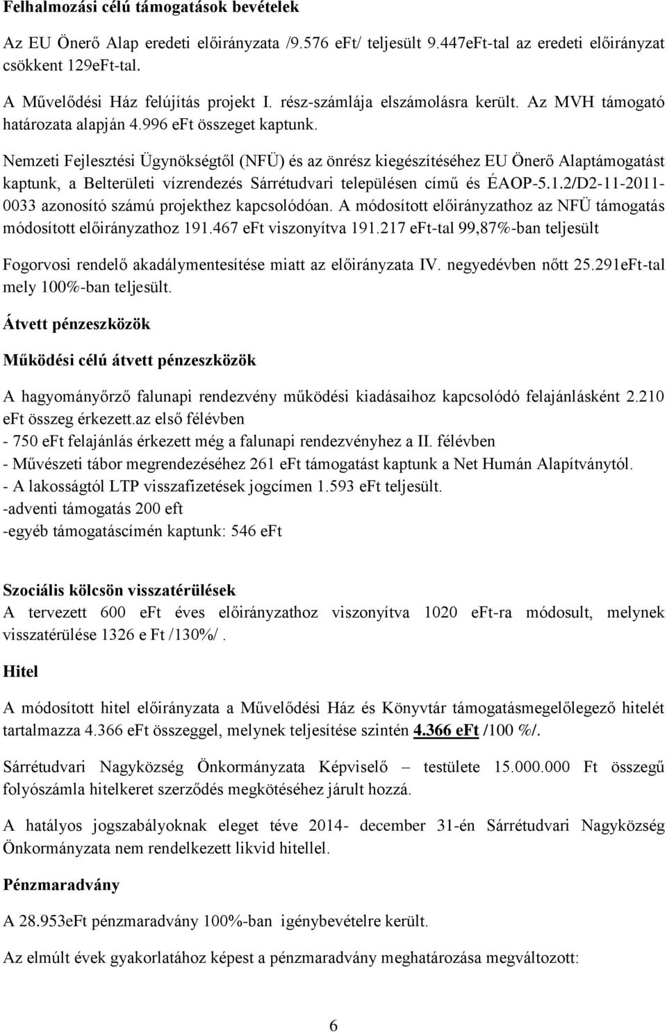 Nemzeti Fejlesztési Ügynökségtől (NFÜ) és az önrész kiegészítéséhez EU Önerő Alaptámogatást kaptunk, a Belterületi vízrendezés Sárrétudvari településen című és ÉAOP-5.1.