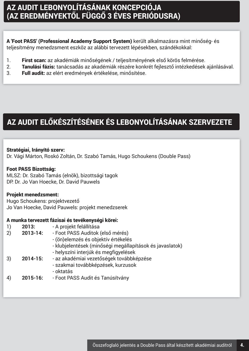 Tanulási fázis: tanácsadás az akadémiák részére konkrét fejlesztő intézkedések ajánlásával. 3. Full audit: az elért eredmények értékelése, minősítése.