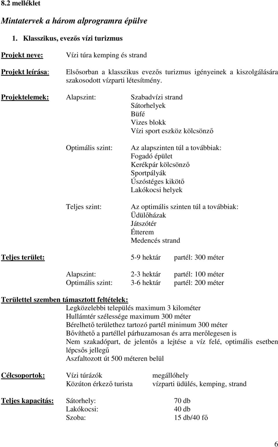 Projektelemek: Alapszint: Szabadvízi strand Sátorhelyek Büfé Vizes blokk Vízi sport eszköz kölcsönzı Optimális szint: Teljes szint: Az alapszinten túl a továbbiak: Fogadó épület Kerékpár kölcsönzı