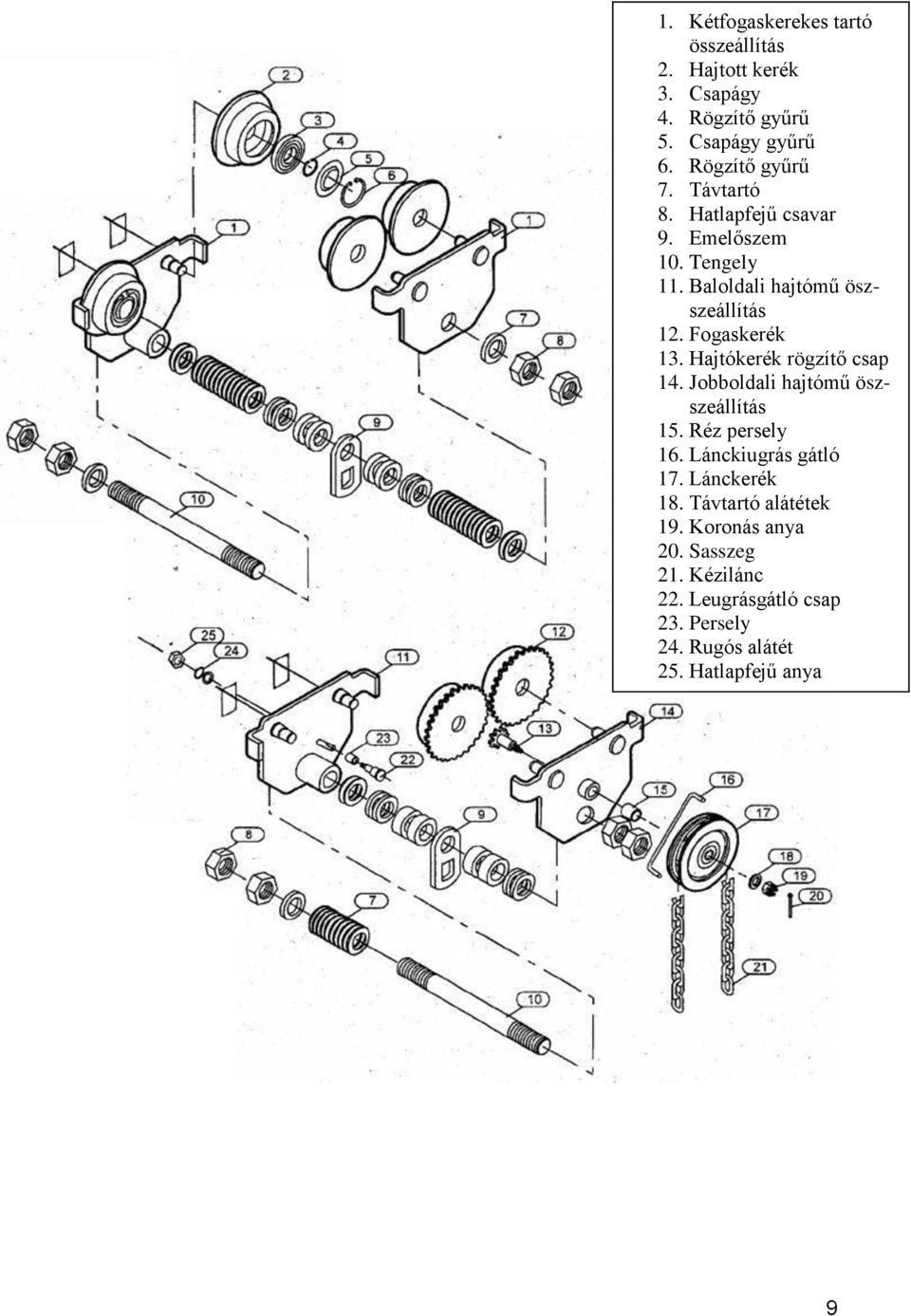 Hajtókerék rögzítő csap 14. Jobboldali hajtómű öszszeállítás 15. Réz persely 16. Lánckiugrás gátló 17. Lánckerék 18.
