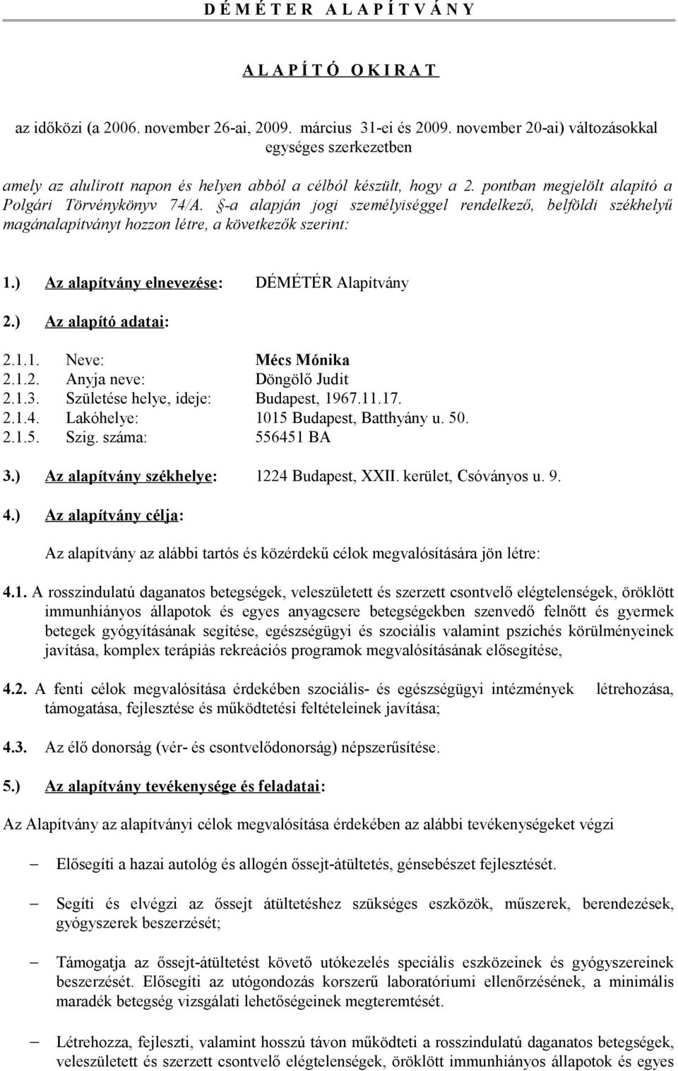 -a alapján jogi személyiséggel rendelkező, belföldi székhelyű magánalapítványt hozzon létre, a következők szerint: 1.) Az alapítvány elnevezése: DÉMÉTÉR Alapítvány 2.) Az alapító adatai: 2.1.1. Neve: Mécs Mónika 2.