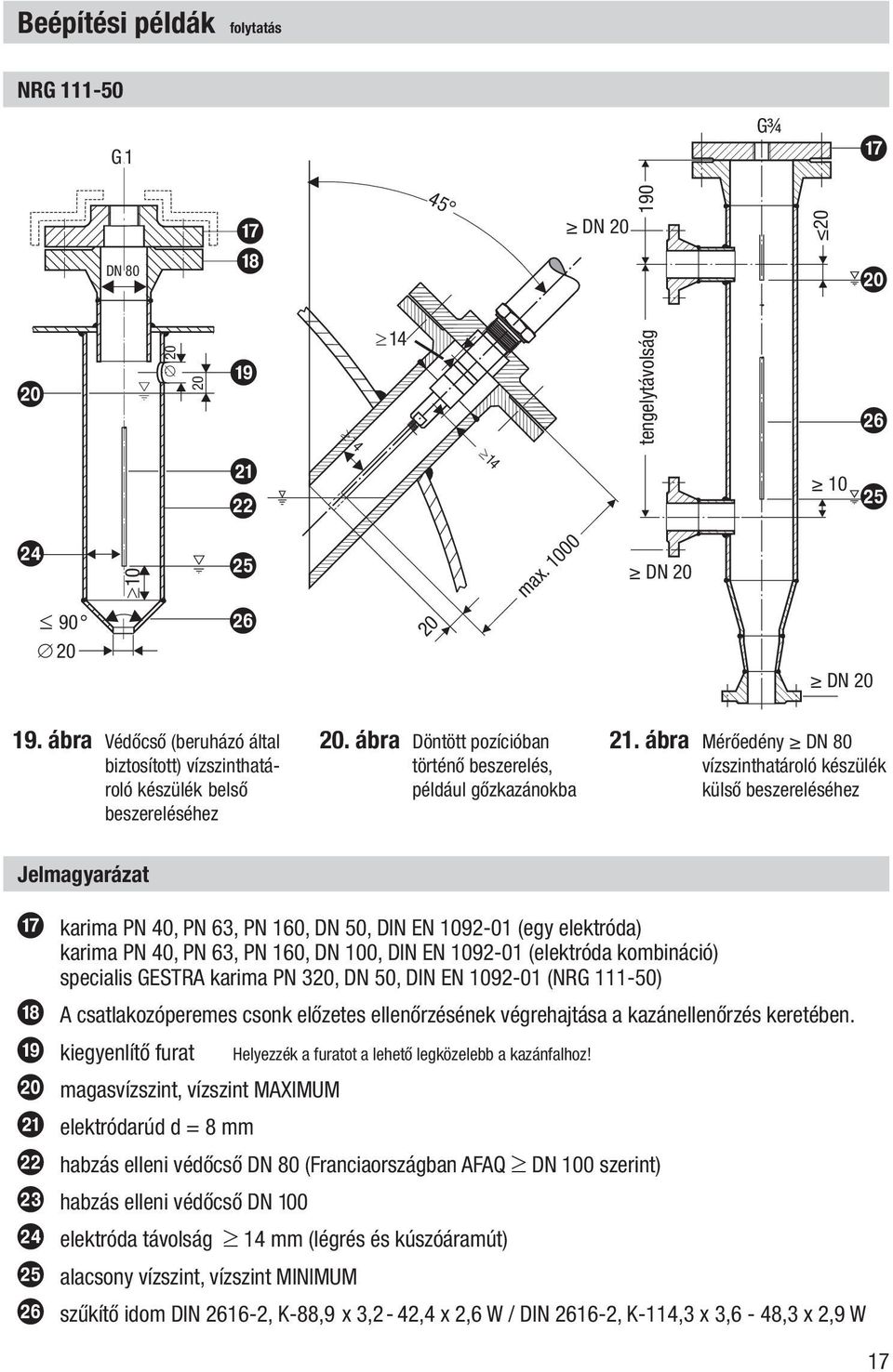 ábra Mérőedény DN 80 vízszinthatároló készülék külső beszereléséhez Jelmagyarázat g karima PN 40, PN 63, PN 160, DN 50, DIN EN 1092-01 (egy elektróda) karima PN 40, PN 63, PN 160, DN 100, DIN EN