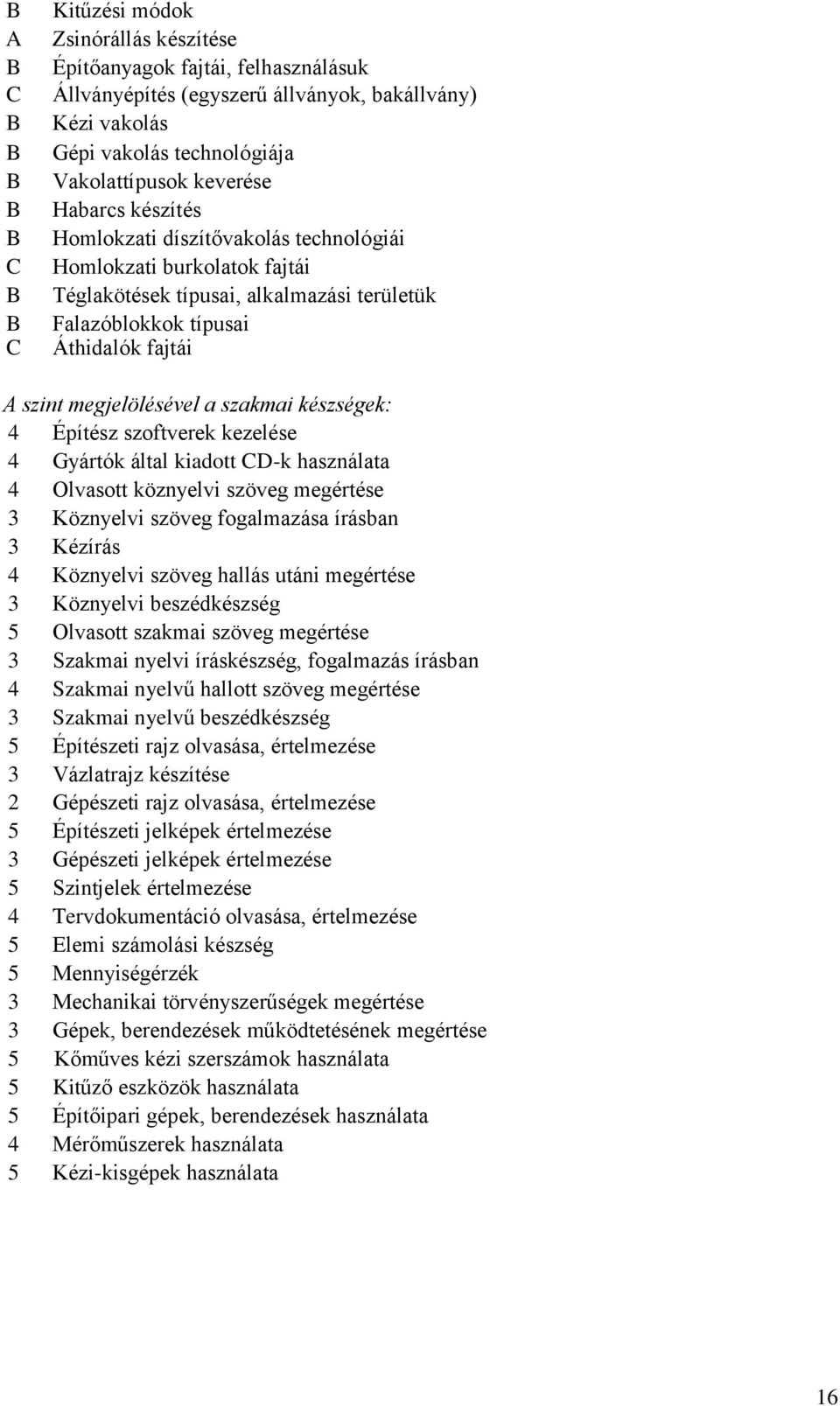 megjelölésével a szakmai készségek: 4 Építész szoftverek kezelése 4 Gyártók által kiadott CDk használata 4 Olvasott köznyelvi szöveg megértése 3 Köznyelvi szöveg fogalmazása írásban 3 Kézírás 4