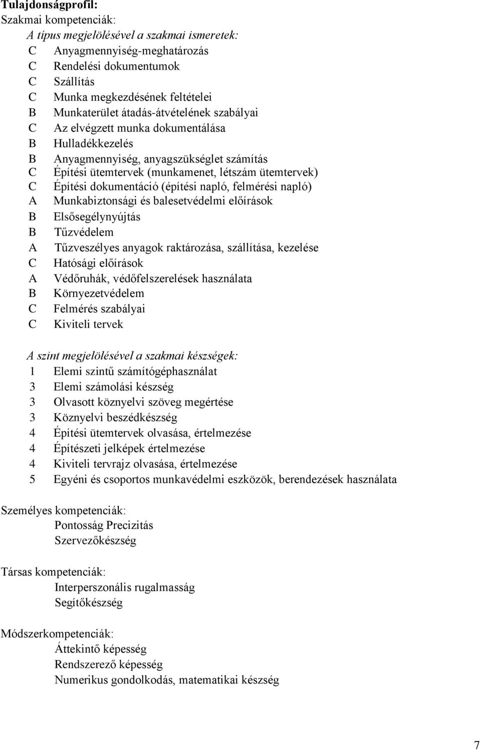 dokumentáció (építési napló, felmérési napló) A Munkabiztonsági és balesetvédelmi előírások B Elsősegélynyújtás B Tűzvédelem A Tűzveszélyes anyagok raktározása, szállítása, kezelése C Hatósági