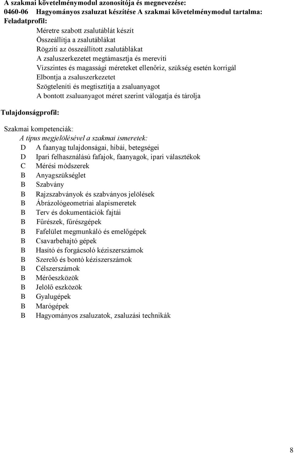 Szögteleníti és megtisztítja a zsaluanyagot A bontott zsaluanyagot méret szerint válogatja és tárolja Tulajdonságprofil: Szakmai kompetenciák: A típus megjelölésével a szakmai ismeretek: D A faanyag