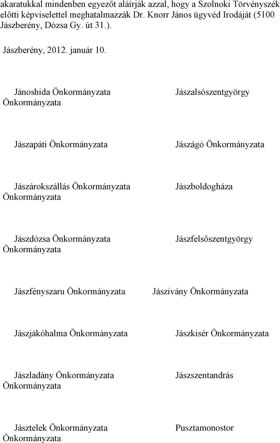 Jánoshida Önkormányzata Önkormányzata Jászalsószentgyörgy Jászapáti Önkormányzata Jászágó Önkormányzata Jászárokszállás Önkormányzata Önkormányzata