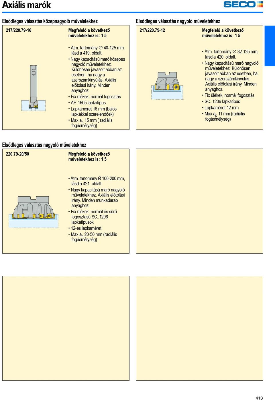 .1605 lapkatípus Lapkaméret 16 mm (balos lapkákkal szerelendőek) Max a p 15 mm ( radiális fogásmélység) Elsődleges választás nagyoló műveletekhez 217/220.