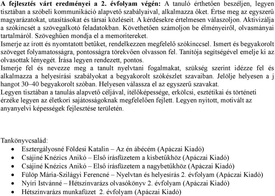 Követhetően számoljon be élményeiről, olvasmányai tartalmáról. Szöveghűen mondja el a memoritereket. Ismerje az írott és nyomtatott betűket, rendelkezzen megfelelő szókinccsel.