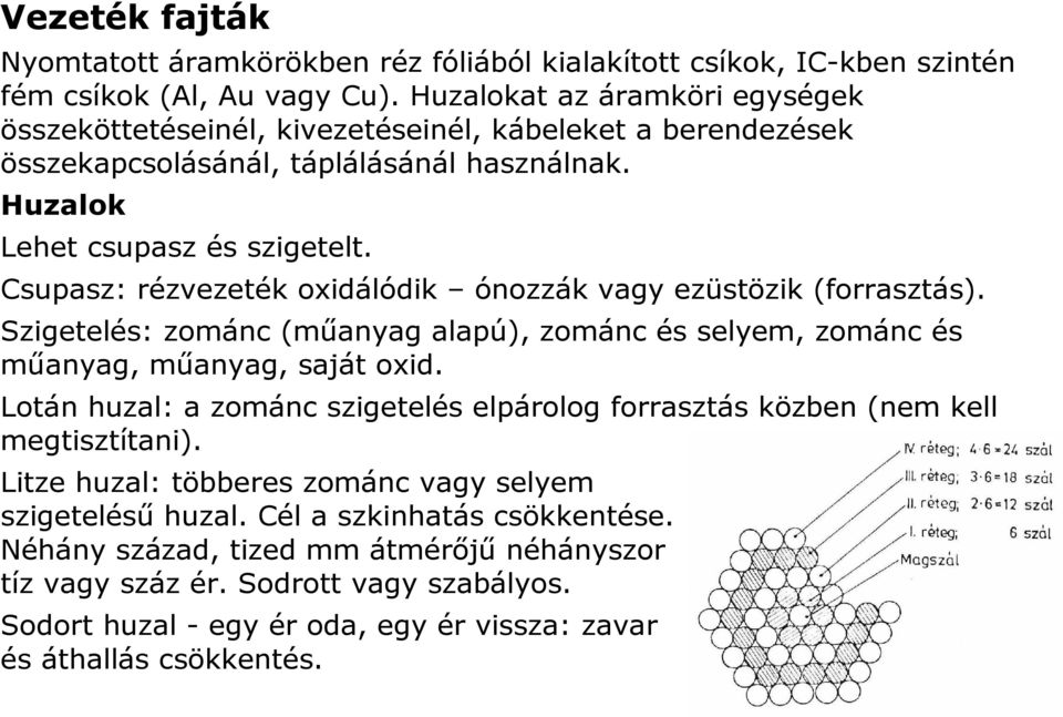 Csupasz: rézvezeték oxidálódik ónozzák vagy ezüstözik (forrasztás). Szigetelés: zománc (műanyag alapú), zománc és selyem, zománc és műanyag, műanyag, saját oxid.