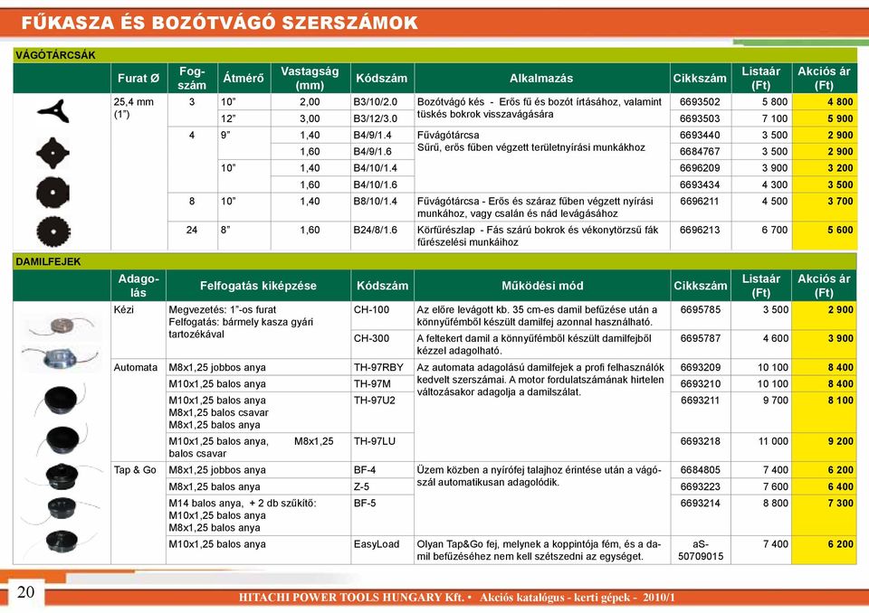 Akciós katalógus - kerti gépek - 2010/1 Listaár (Ft) Akciós ár (Ft) 6693502 5 800 4 800 12 3,00 B3/12/3.0 6693503 7 100 5 900 4 9 1,40 B4/9/1.4 Fűvágótárcsa 6693440 3 500 2 900 1,60 B4/9/1.
