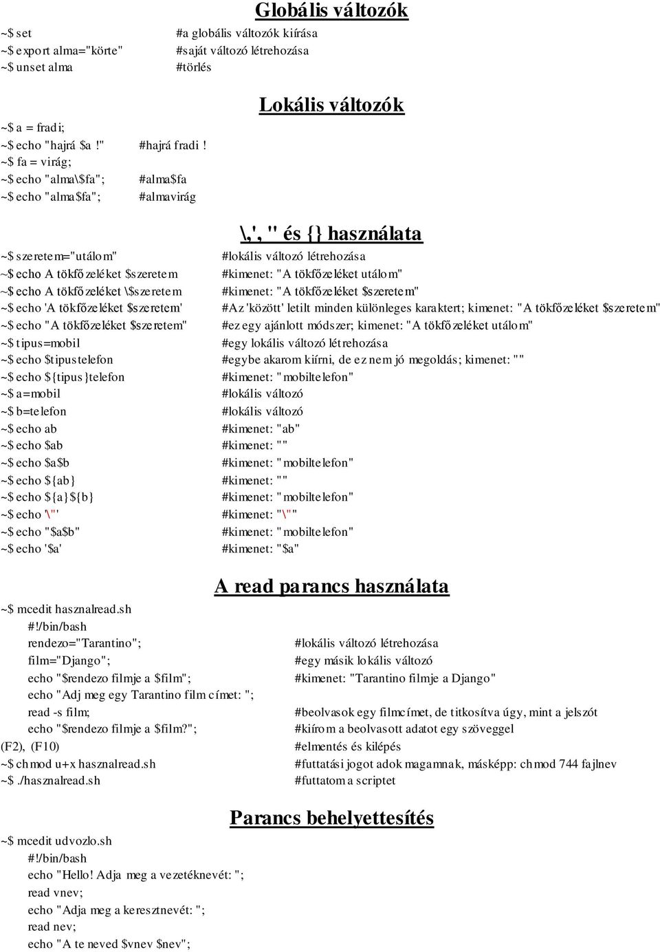 #kimenet: "A tökfőzeléket utálom" ~$ echo A tökfőzeléket \$szeretem #kimenet: "A tökfőzeléket $szeretem" ~$ echo 'A tökfőzeléket $szeretem' #Az 'között' letilt minden különleges karaktert; kimenet: