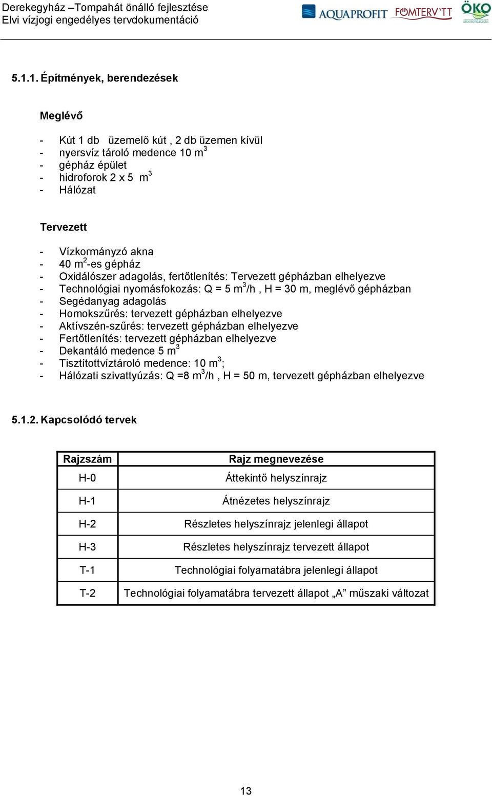 tervezett gépházban elhelyezve - Aktívszén-szűrés: tervezett gépházban elhelyezve - Fertőtlenítés: tervezett gépházban elhelyezve - Dekantáló medence 5 m 3 - Tisztítottvíztároló medence: 10 m 3 ; -