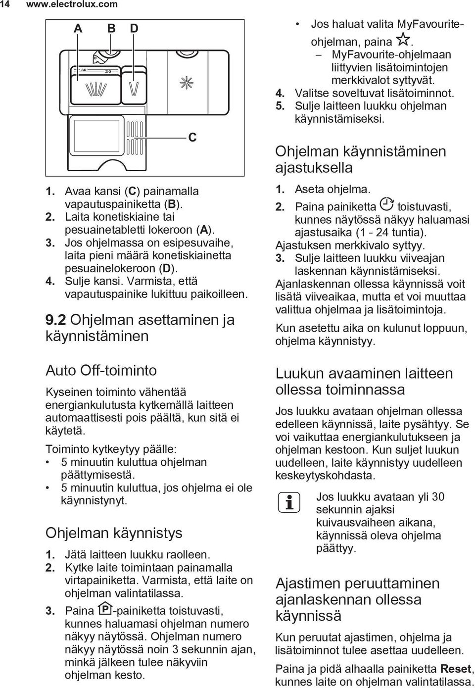 MyFavourite-ohjelmaan liittyvien lisätoimintojen merkkivalot syttyvät. 4. Valitse soveltuvat lisätoiminnot. 5. Sulje laitteen luukku ohjelman käynnistämiseksi. Ohjelman käynnistäminen ajastuksella 1.