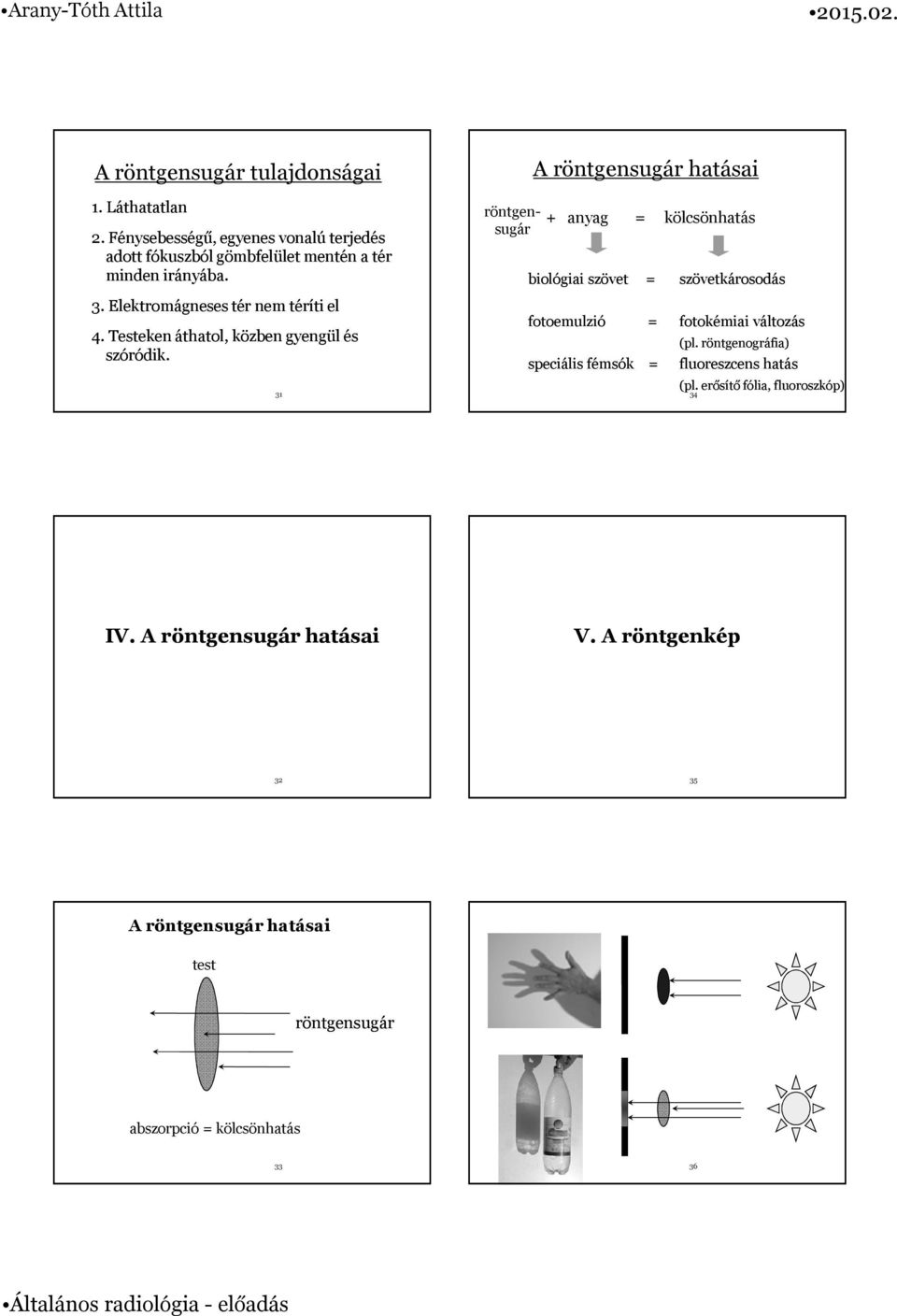 31 röntgensugár A röntgensugár hatásai + anyag = kölcsönhatás biológiai szövet = szövetkárosodás fotoemulzió = fotokémiai változás (pl.