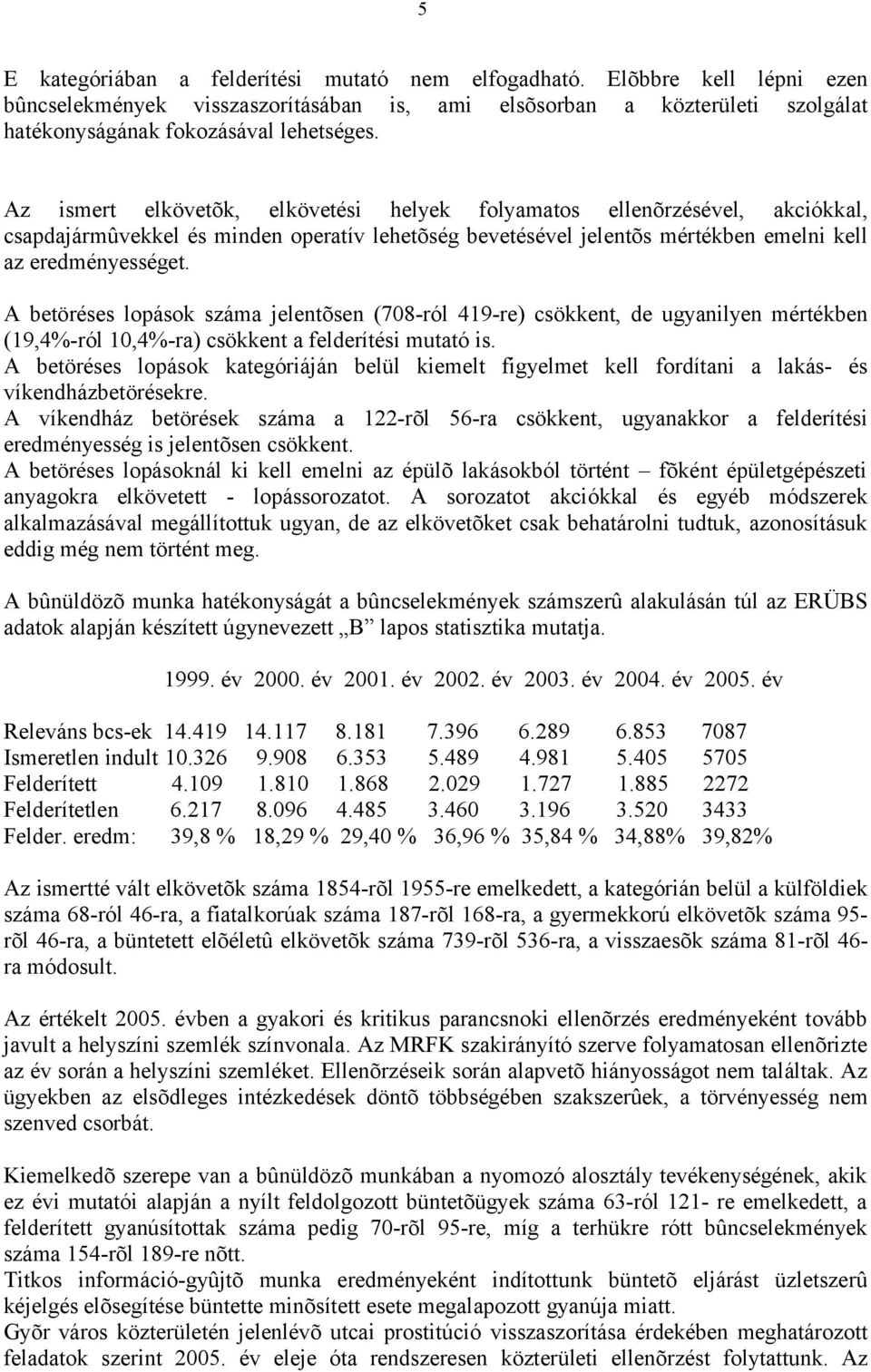 A betöréses lopások száma jelentõsen (708-ról 419-re) csökkent, de ugyanilyen mértékben (19,4%-ról 10,4%-ra) csökkent a felderítési mutató is.