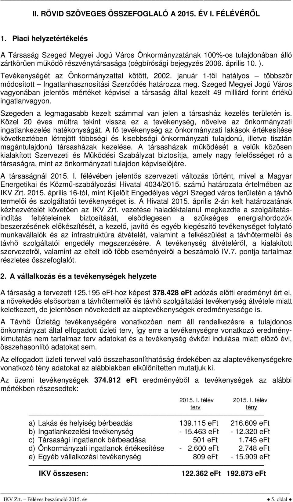 Tevékenységét az Önkormányzattal kötött, 2002. január 1-től hatályos többször módosított Ingatlanhasznosítási Szerződés határozza meg.