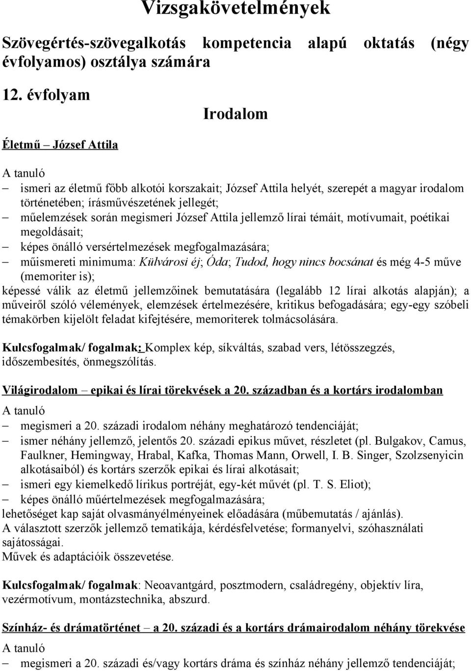 József Attila jellemző lírai témáit, motívumait, poétikai megoldásait; képes önálló versértelmezések megfogalmazására; műismereti minimuma: Külvárosi éj; Óda; Tudod, hogy nincs bocsánat és még 4-5