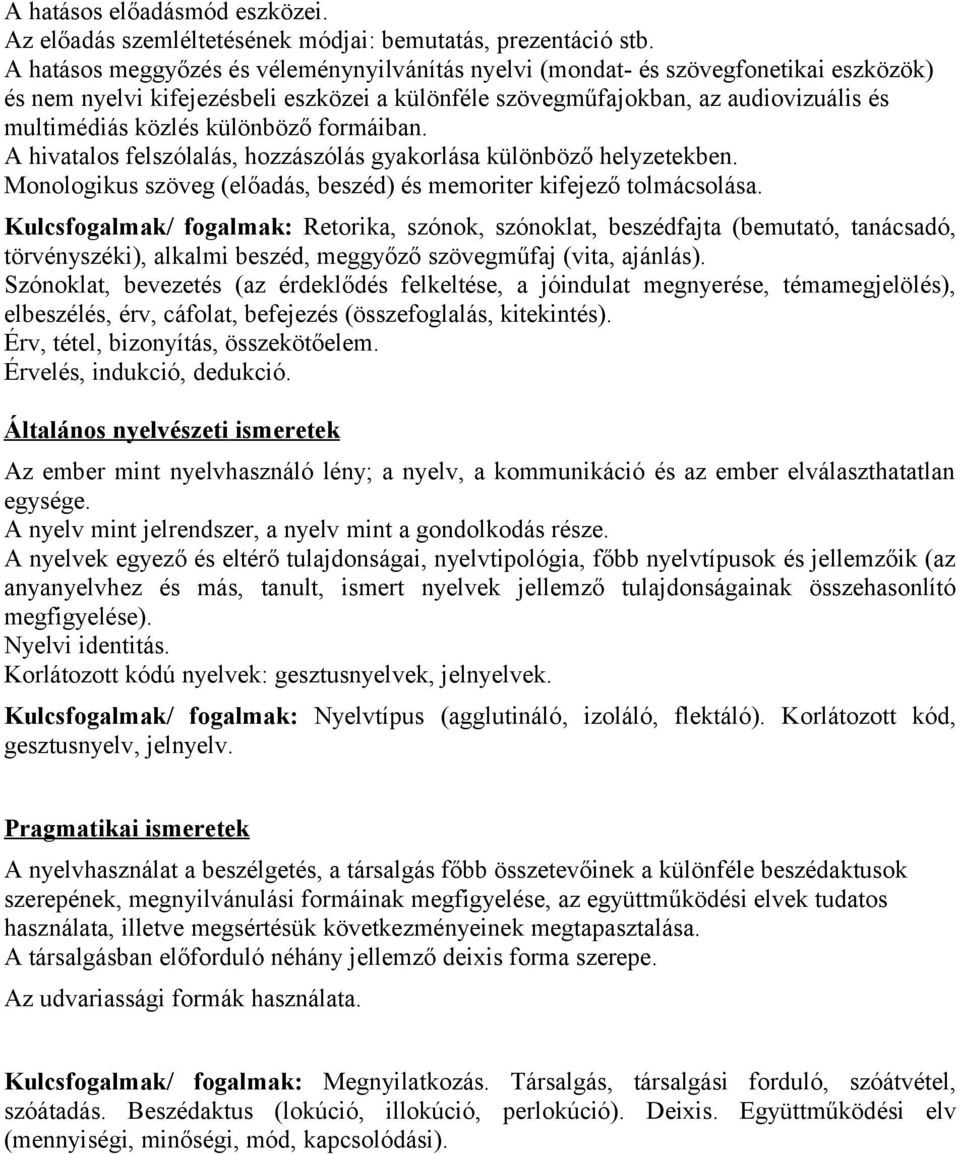 különböző formáiban. A hivatalos felszólalás, hozzászólás gyakorlása különböző helyzetekben. Monologikus szöveg (előadás, beszéd) és memoriter kifejező tolmácsolása.