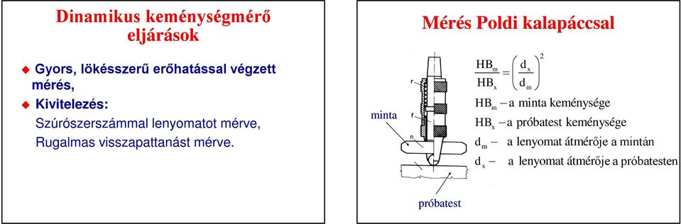 minta Mérés Poldi kalapáccsal HB HB HB HB d d m x m x x m - - 2 æ d ö x =ç è dmø - a minta