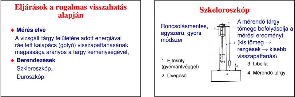 Duroszkóp. Roncsolásmentes, egyszerű, gyors módszer 1. Ejtősúly (gyémántvéggel) 2.