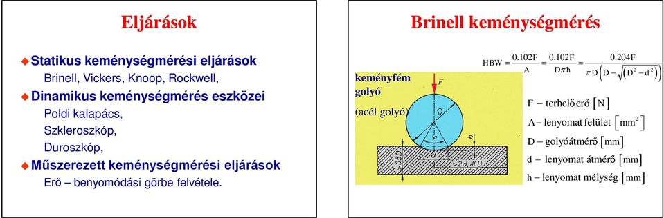 benyomódási görbe felvétele. keményfém golyó (acél golyó) 0.102F 0.