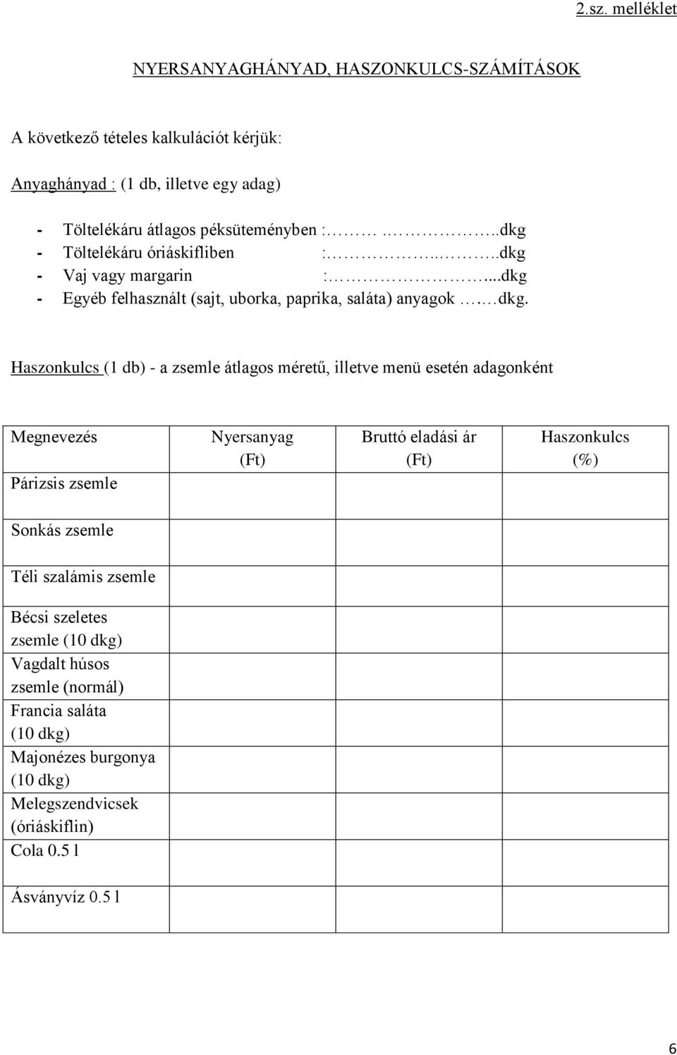 Haszonkulcs (1 db) - a zsemle átlagos méretű, illetve menü esetén adagonként Megnevezés Párizsis zsemle Nyersanyag (Ft) Bruttó eladási ár (Ft) Haszonkulcs (%) Sonkás