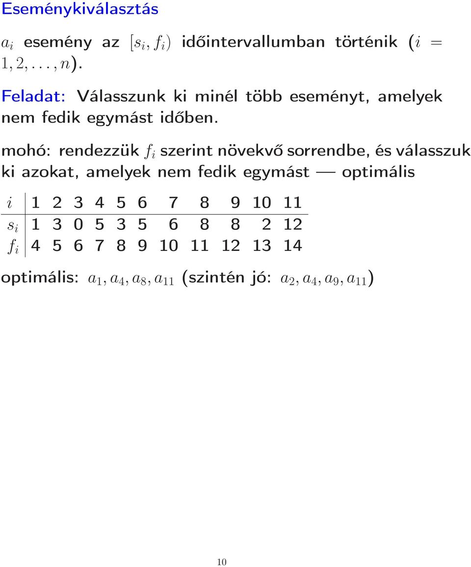 mohó: rendezzük f i szerint növekvő sorrendbe, és válasszuk ki azokat, amelyek nem fedik egymást optimális