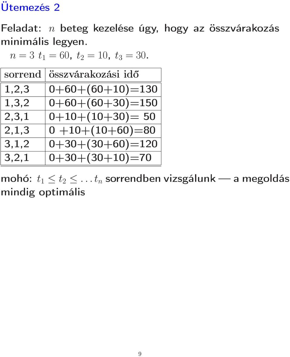 sorrend összvárakozási idő 1,2,3 0+60+(60+10)=130 1,3,2 0+60+(60+30)=150 2,3,1