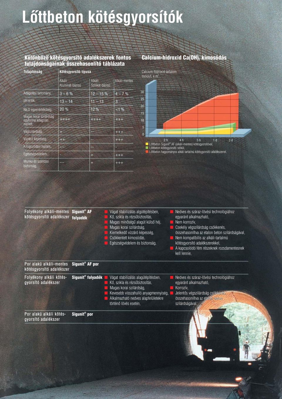 Végszilárdság, Vízzáró képesség, Kilúgozódási hajlam, Egészségvédelem, Munka és szállítási biztonság, Lôttbeton Sigunit AF (alkáli-mentes) kötésgyorsítóval, Lôttbeton kötésgyorsító nélkül, Lôttbeton