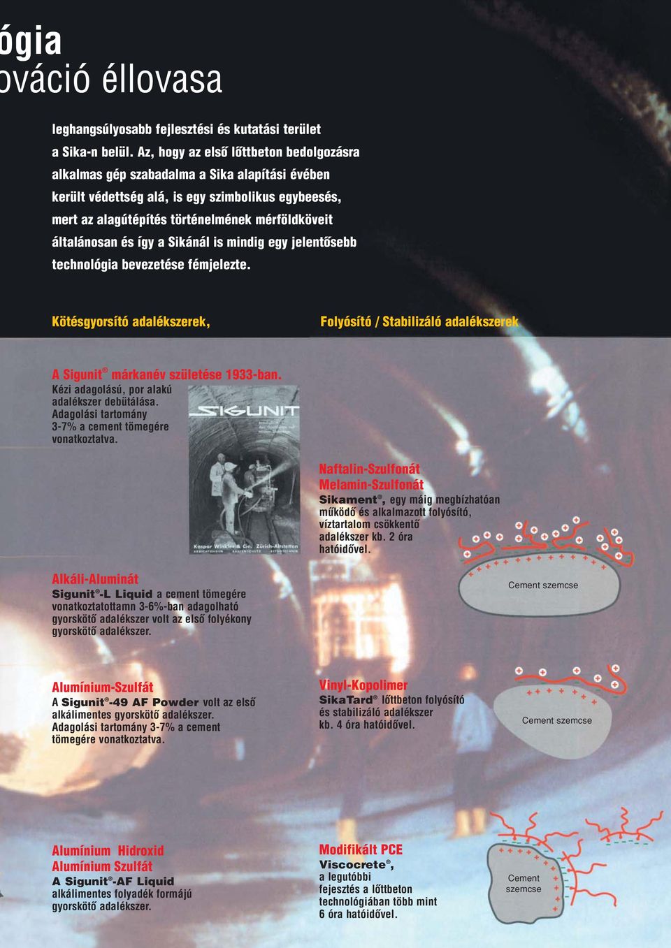 általánosan és így a Sikánál is mindig egy jelentôsebb technológia bevezetése fémjelezte. Kötésgyorsító adalékszerek, Folyósító / Stabilizáló adalékszerek A Sigunit márkanév születése 1933-ban.
