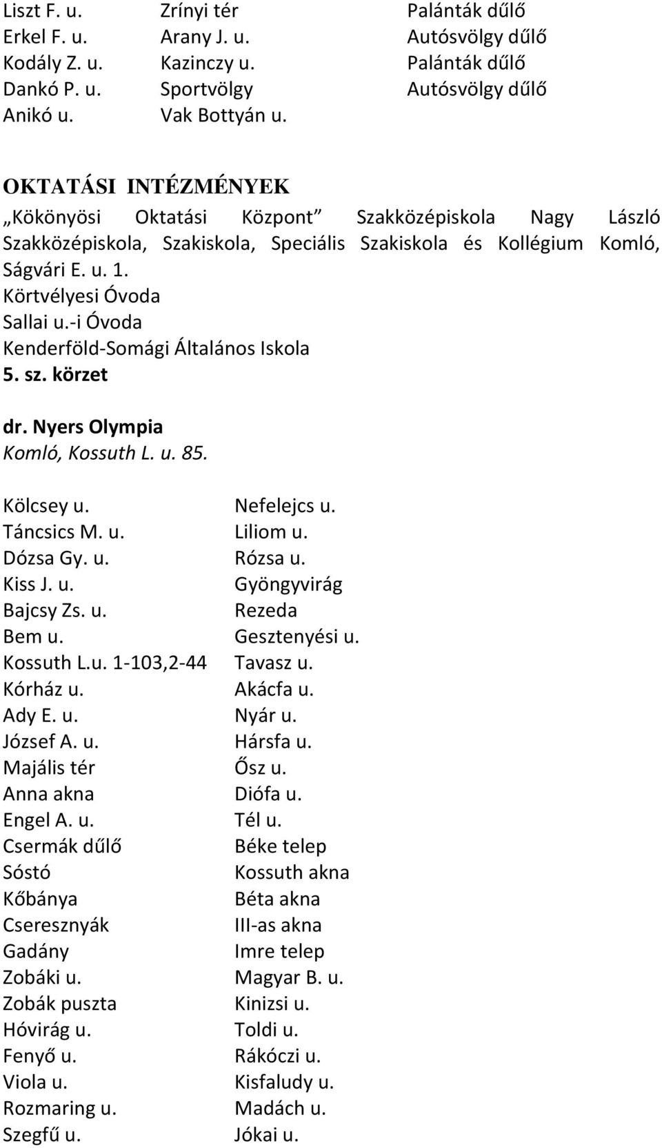 -i Óvoda Kenderföld-Somági Általános Iskola 5. sz. körzet dr. Nyers Olympia Komló, Kossuth L. u. 85. Kölcsey u. Nefelejcs u. Táncsics M. u. Liliom u. Dózsa Gy. u. Rózsa u. Kiss J. u. Gyöngyvirág Bajcsy Zs.