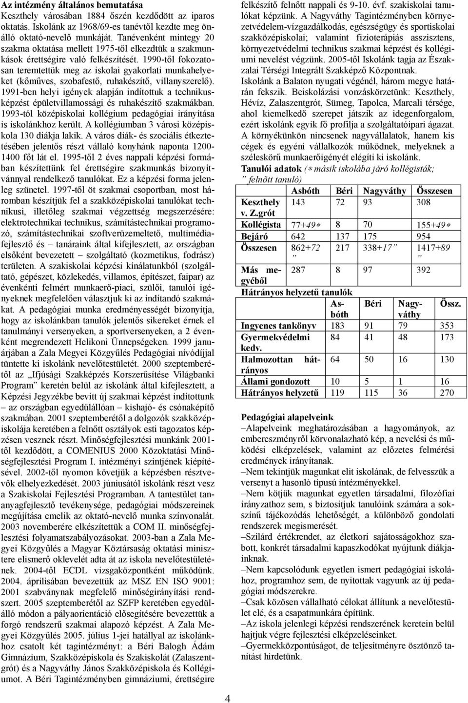 99-től fokozato san teremtettük meg az iskolai gyakorlati munkahelye ket (kőműves, szobafestő, ruhakészítő, villanyszerelő).