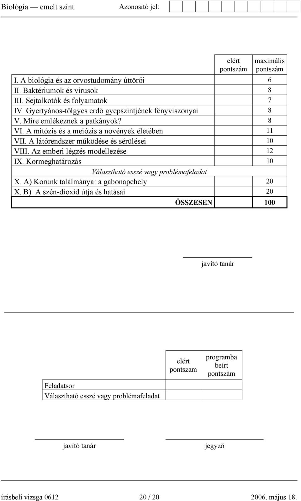 A látórendszer működése és sérülései 10 VIII. Az emberi légzés modellezése 12 IX. Kormeghatározás 10 Választható esszé vagy problémafeladat X.