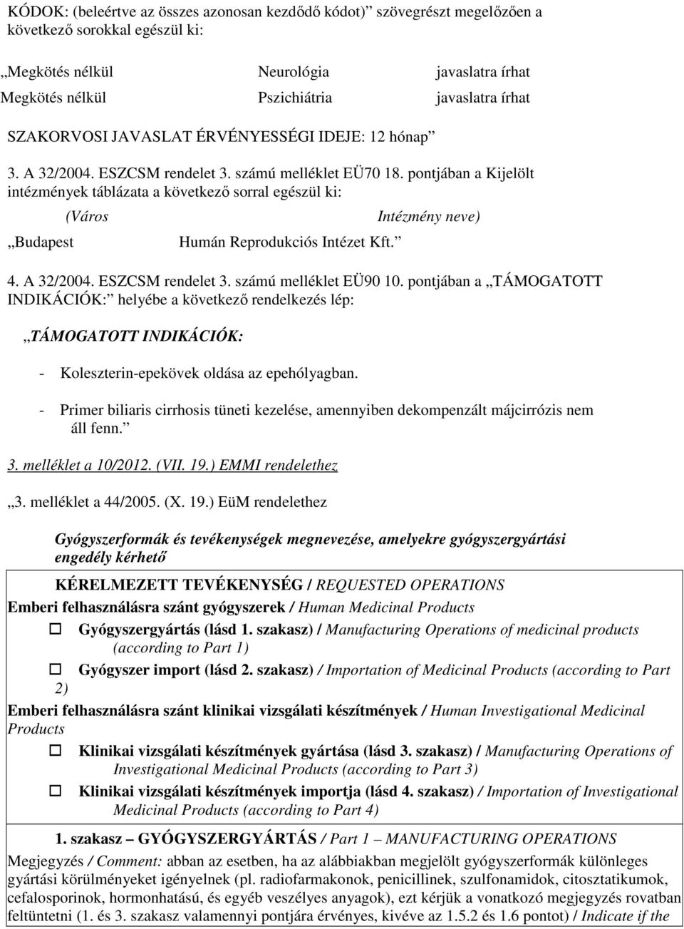 pontjában a Kijelölt intézmények táblázata a következı sorral egészül ki: Budapest (Város Humán Reprodukciós Intézet Kft. Intézmény neve) 4. A 32/2004. ESZCSM rendelet 3. számú melléklet EÜ90 10.