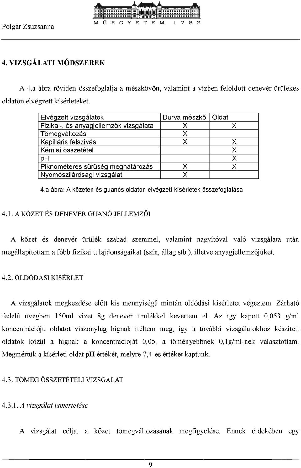 Nyomószilárdsági vizsgálat X 4.a ábra: A kőzeten és guanós oldaton elvégzett kísérletek összefoglalása 4.1.