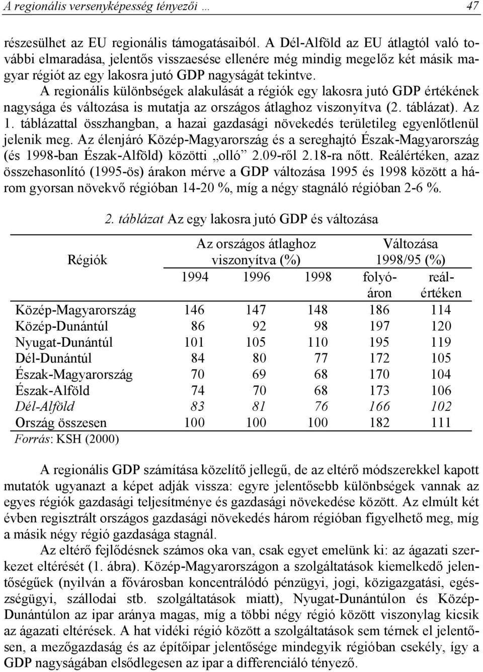 A regionális különbségek alakulását a régiók egy lakosra jutó GDP értékének nagysága és változása is mutatja az országos átlaghoz viszonyítva (2. táblázat). Az 1.