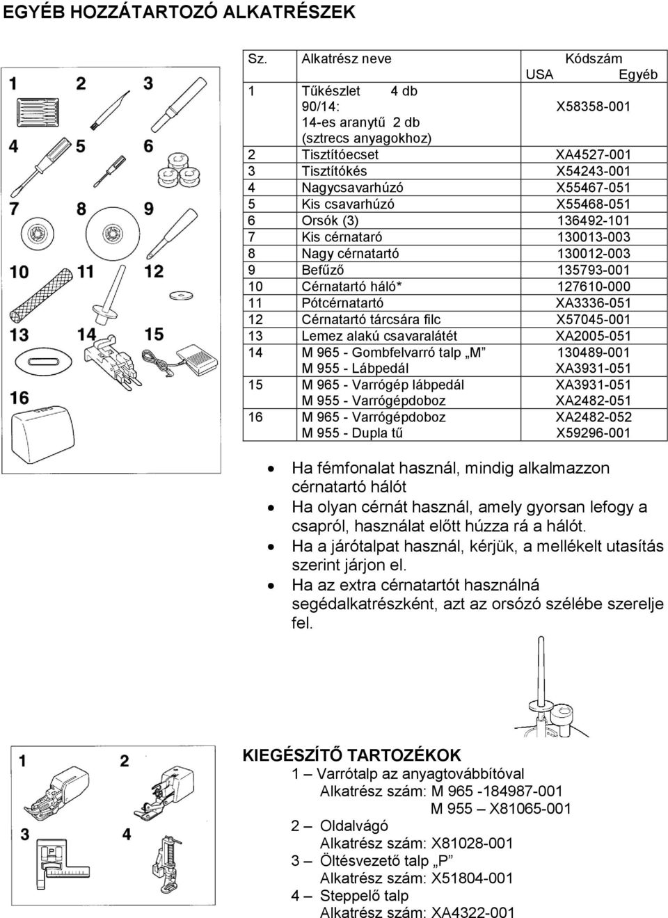 csavarhúzó X55468-051 6 Orsók (3) 136492-101 7 Kis cérnataró 130013-003 8 Nagy cérnatartó 130012-003 9 Befűző 135793-001 10 Cérnatartó háló* 127610-000 11 Pótcérnatartó XA3336-051 12 Cérnatartó