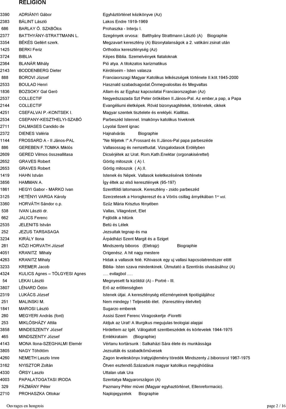 vatikáni zsinat után 1425 BERKI Feriz Orthodox kereszténység (Az) 3724 BIBLIA Képes Biblia. Szemelvények fiataloknak 2364 BLANÁR Mihály Pió atya.