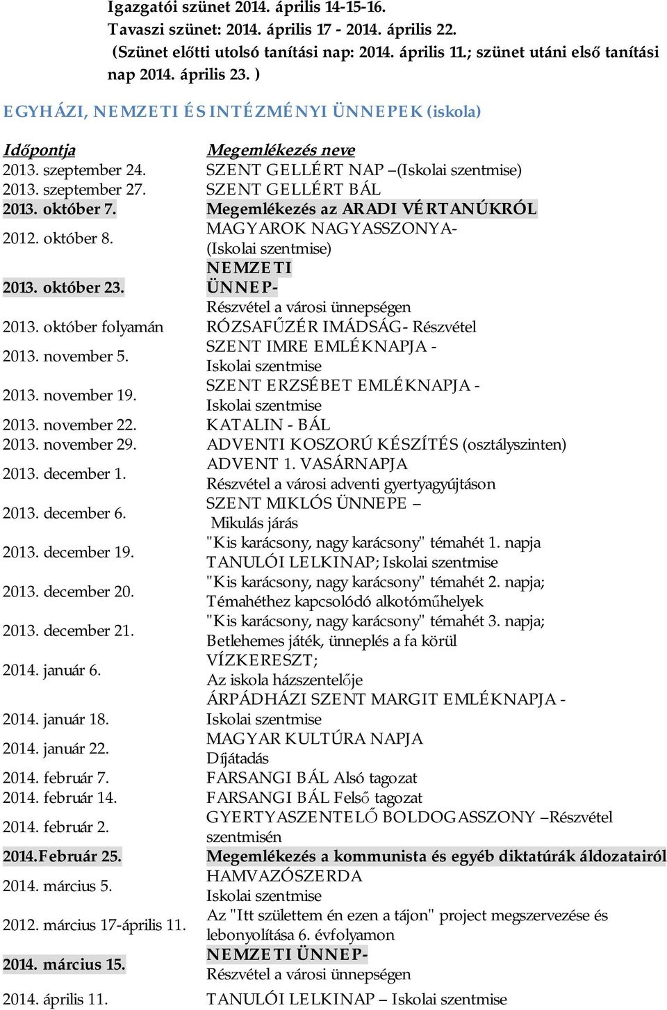 Megemlékezés az ARADI VÉRTANÚKRÓL 2012. október 8. MAGYAROK NAGYASSZONYA- (Iskolai szentmise) NEMZETI 2013. október 23. ÜNNEP- Részvétel a városi ünnepségen 2013.