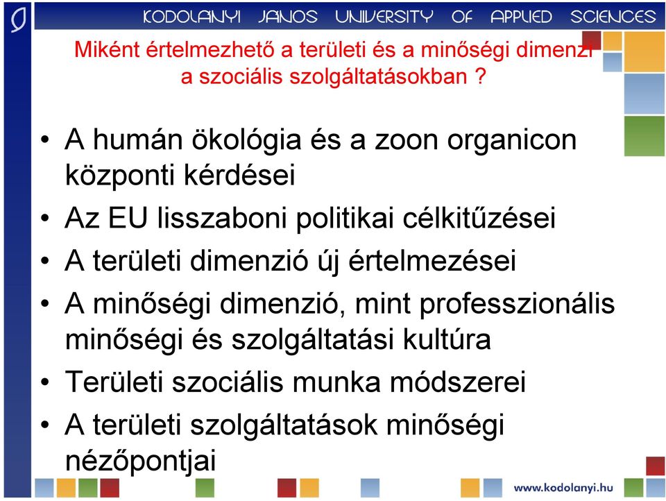 célkitűzései A területi dimenzió új értelmezései A minőségi dimenzió, mint professzionális