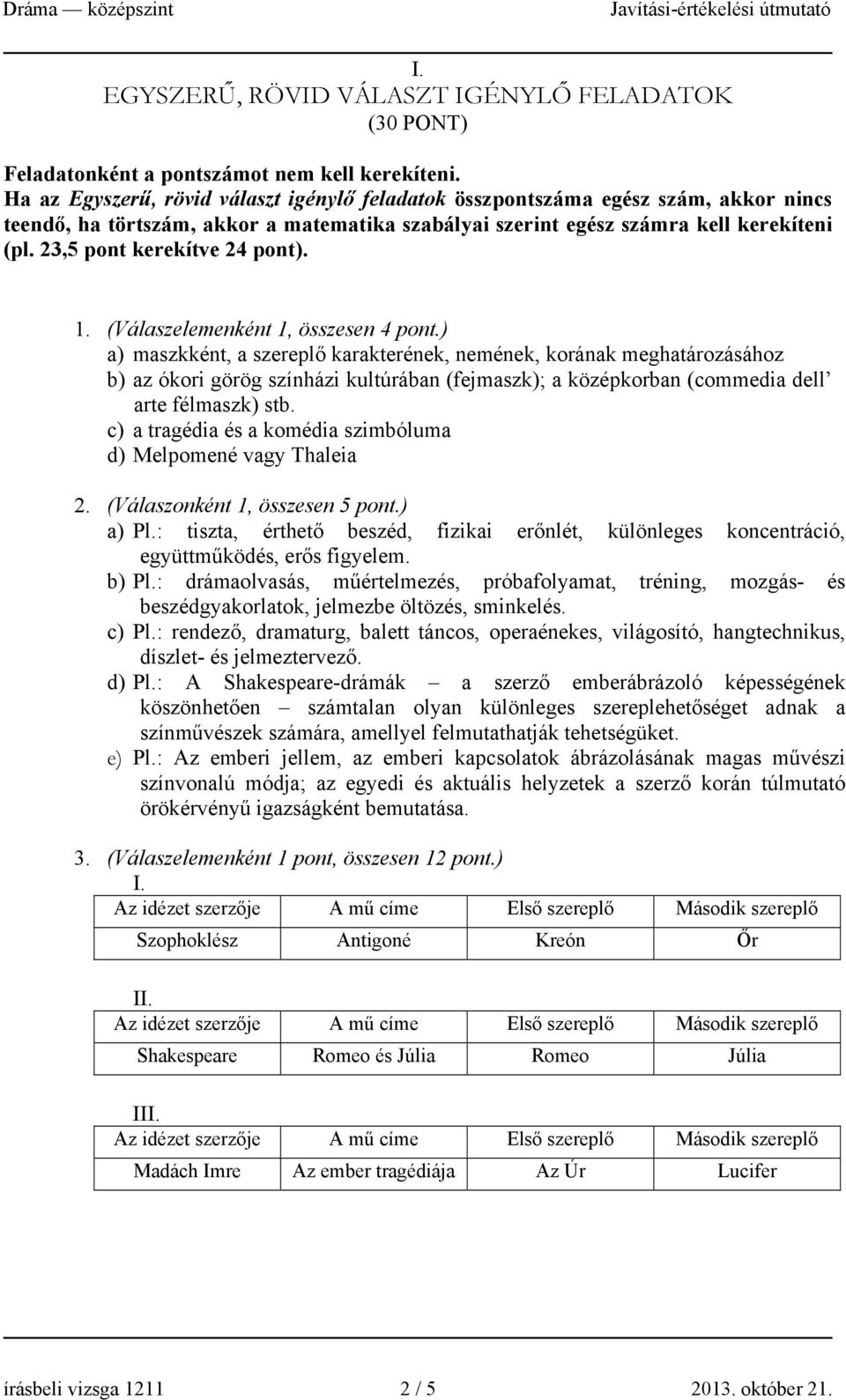 23,5 pont kerekítve 24 pont). 1. (Válaszelemenként 1, összesen 4 pont.